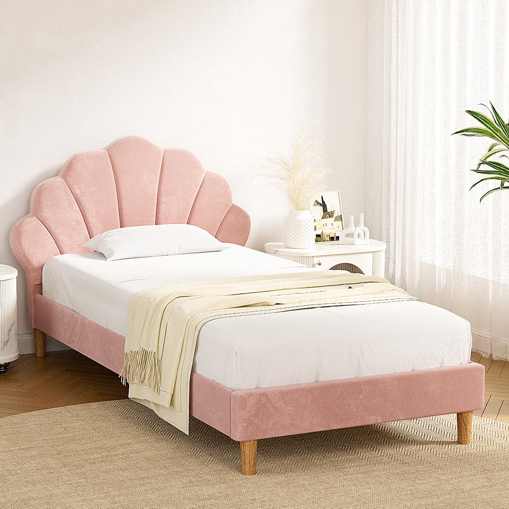 Korra Bed Frame King Single Size Scallop-Shape Bedhead Beds Base Pink Velvet Fabric