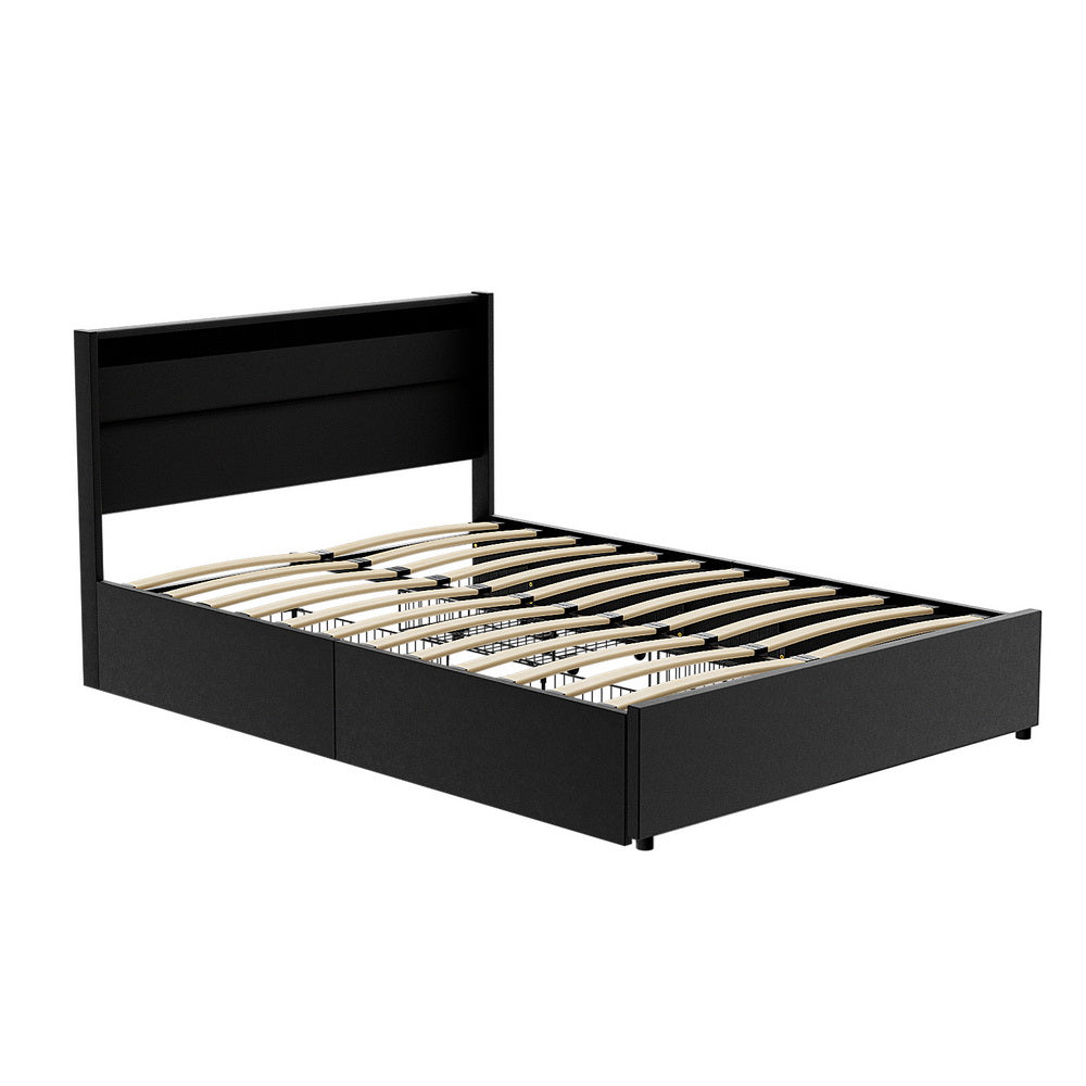 Korra Bed Frame Double Size LED with 4 Drawers Black DUNN