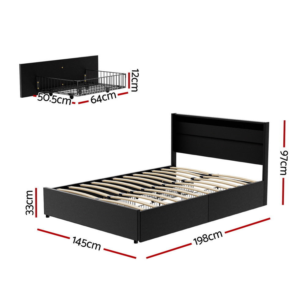 Korra Bed Frame Double Size LED with 4 Drawers Black DUNN