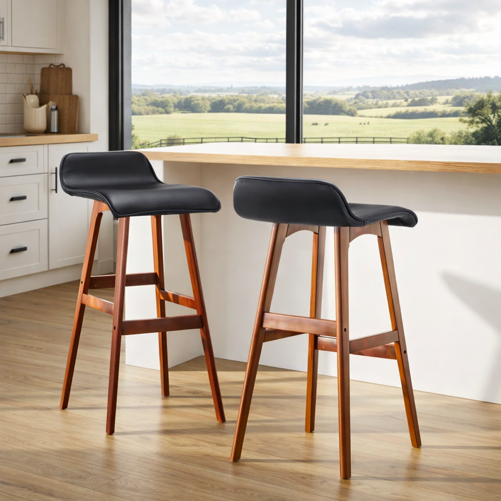 Bridle Wooden Bar Stool Leather (Set of 2) Black 74cm