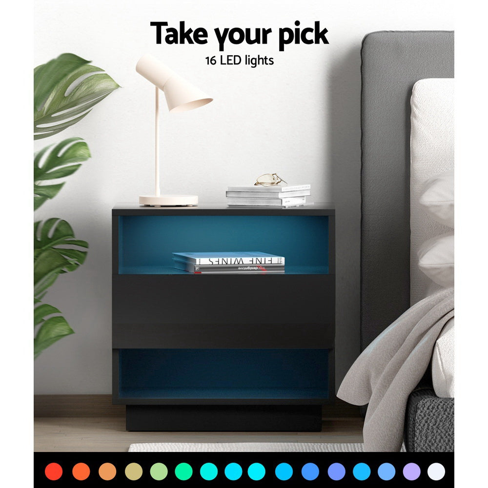 Korra Bedside Table LED with 2 Shelves - HANA Black