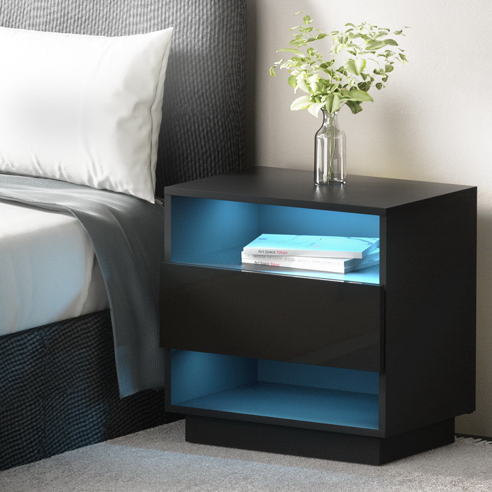 Korra Bedside Table LED with 2 Shelves - HANA Black