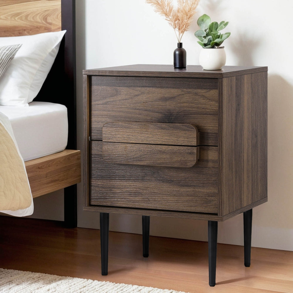 Korra Bedside Table Nightstand 2 Drawers - Walnut