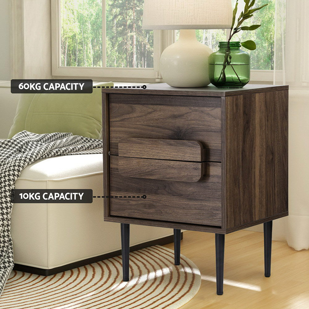 Korra Bedside Table Nightstand 2 Drawers - Walnut