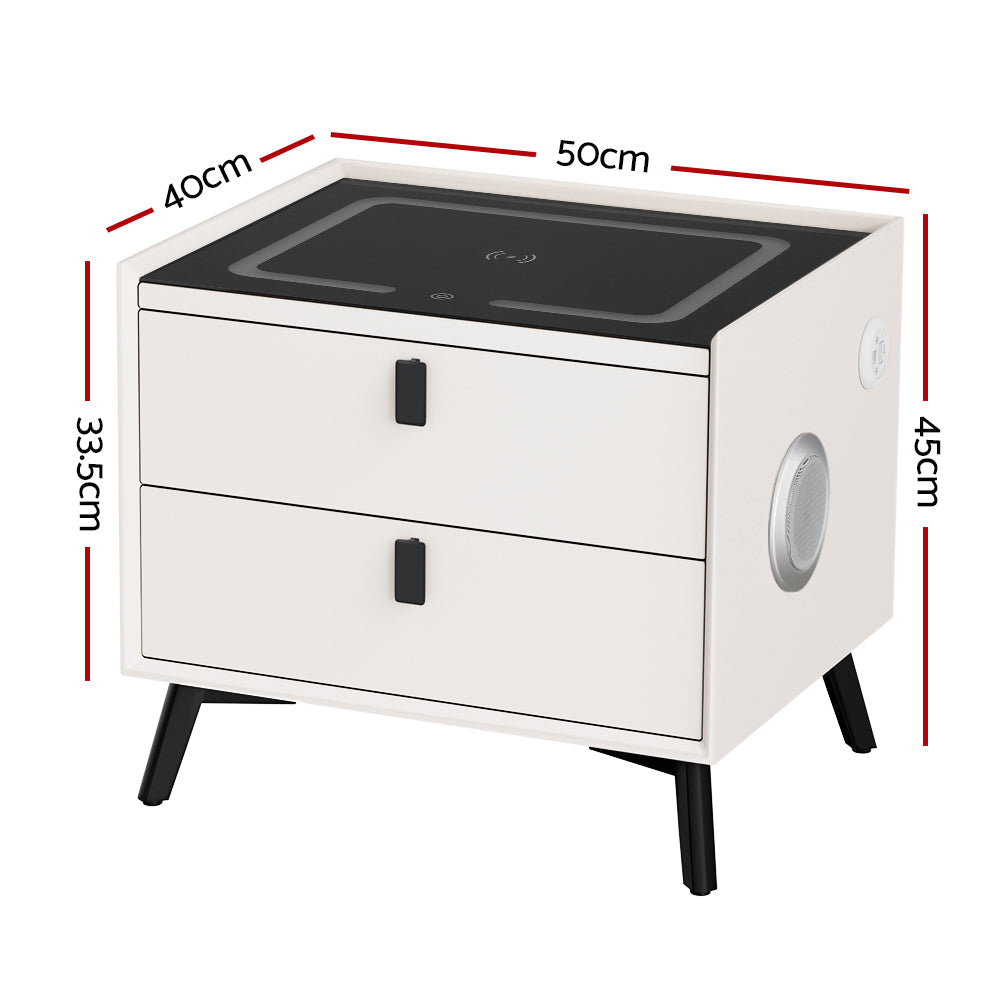 Korra Smart Bedside Table 2 Drawers with Wireless Charging Ports LED White AIKA