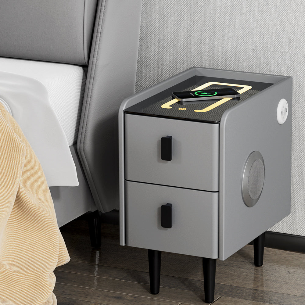 Korra Smart Bedside Table 2 Drawers with Wireless Charging Ports LED Grey AIDA