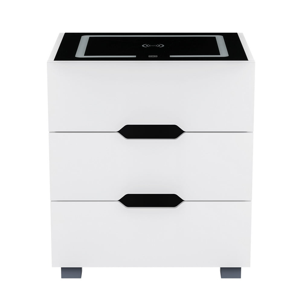 Korra Smart Bedside Table 3 Drawers with Wireless Charging Ports LED White ADAD