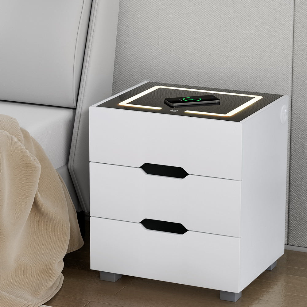 Korra Smart Bedside Table 3 Drawers with Wireless Charging Ports LED White ADAD
