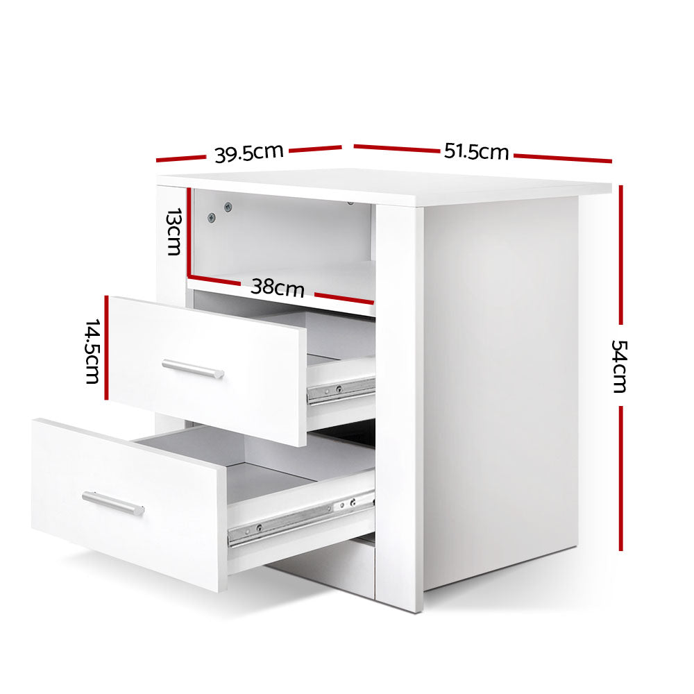 Korra Bedside Table 2 Drawers with Shelf - TARA White