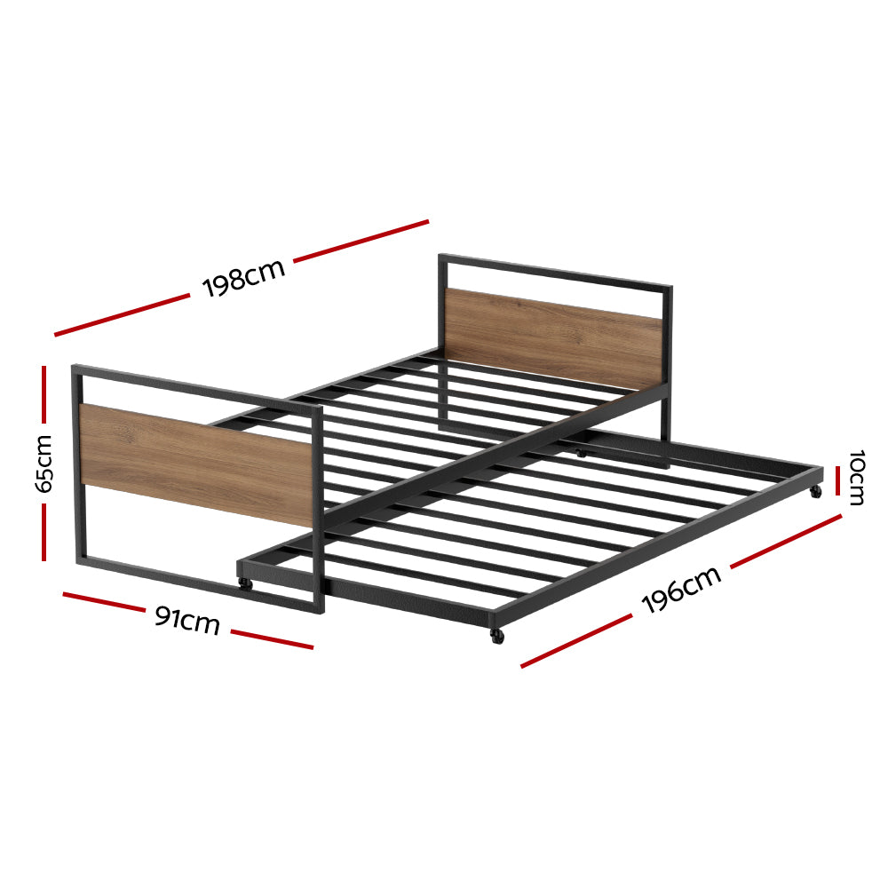 Korra Bed Frame 2x Single Size Metal Trundle Daybed DEAN