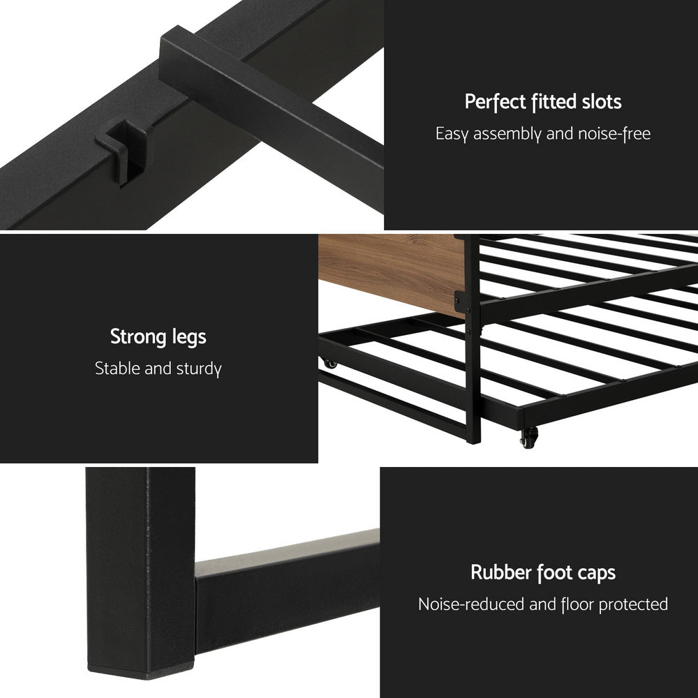 Korra Bed Frame 2x Single Size Metal Trundle Daybed DEAN