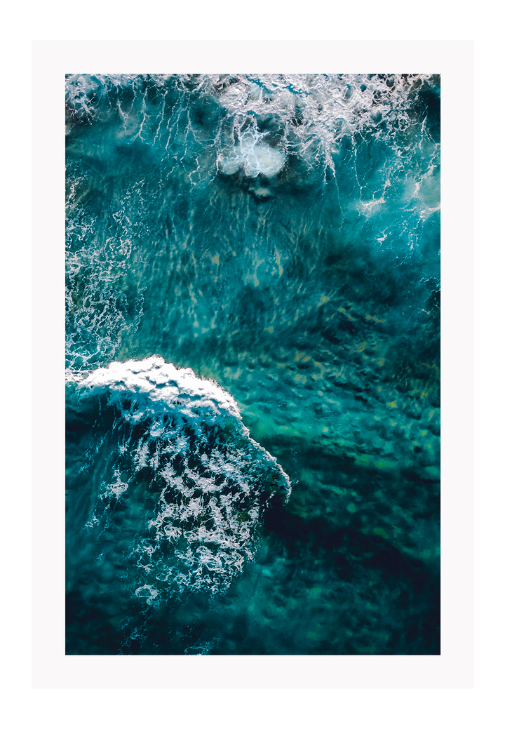 Blue ocean portrait landscape print with waves and ripple white wash coast 