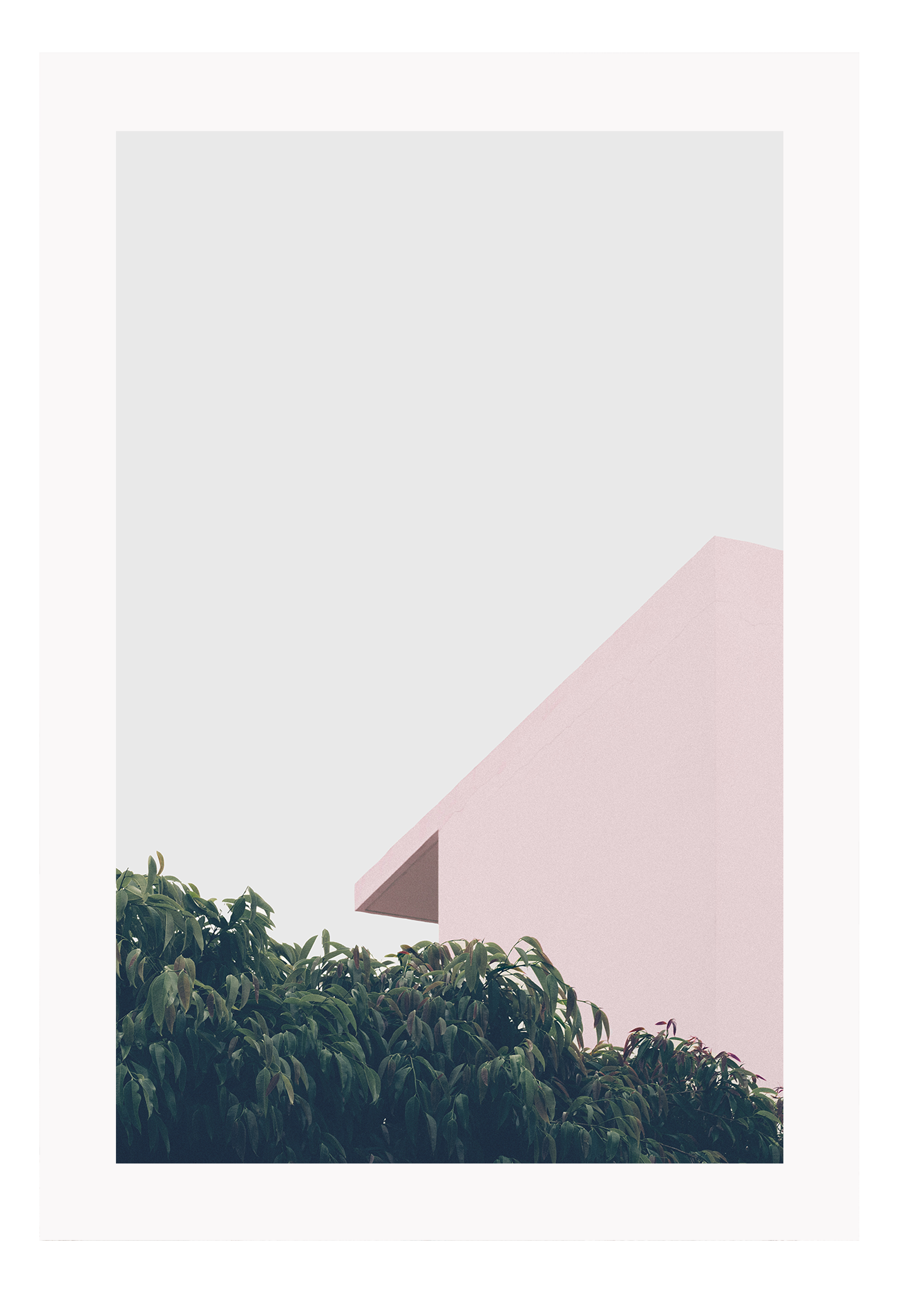 A minimal photography print peaceful wall art with pink roof, green trees and light blue sky, pastel tones.