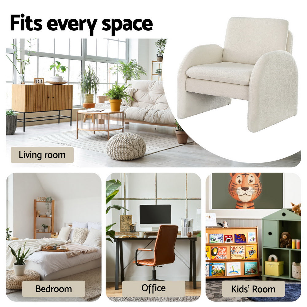 Korra Armchair Accent Chair Lounge Tub Sofa Couch Curved Arm Seat Boucle White