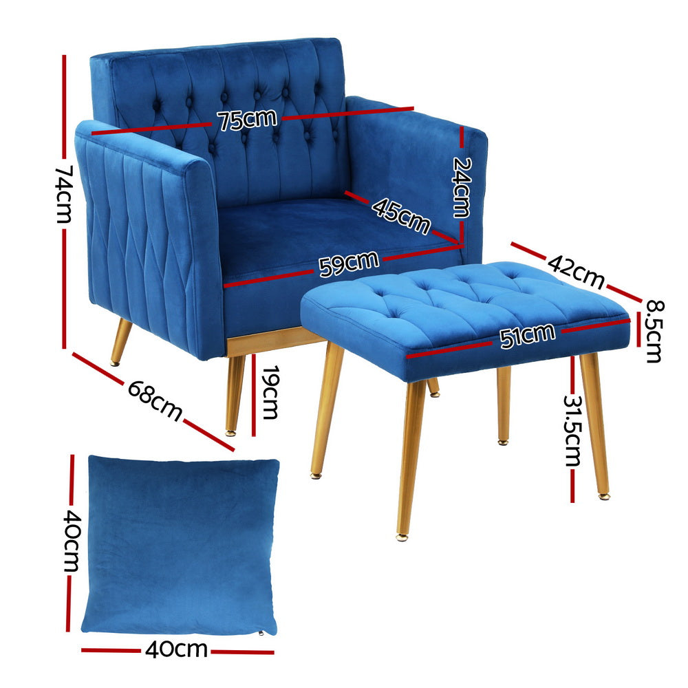 Korra Armchair Ottoman Accent Chair Pillow Velvet Blue