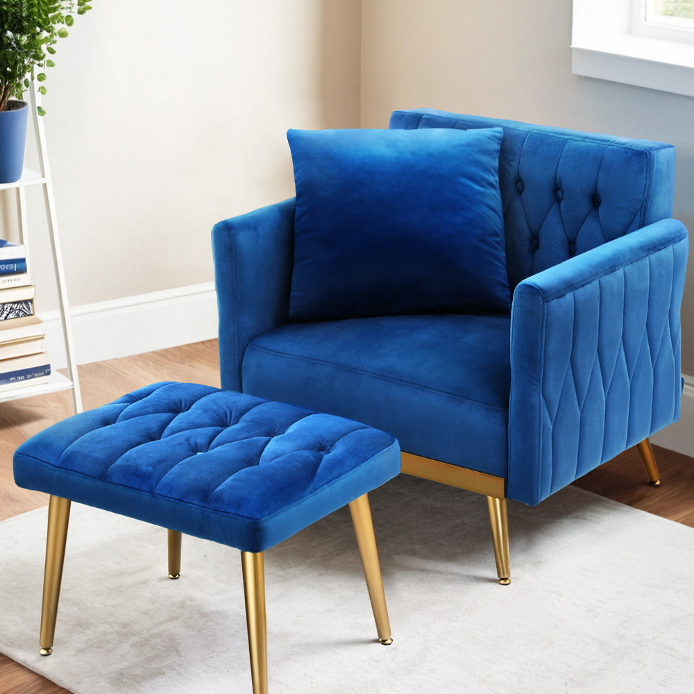 Korra Armchair Ottoman Accent Chair Pillow Velvet Blue