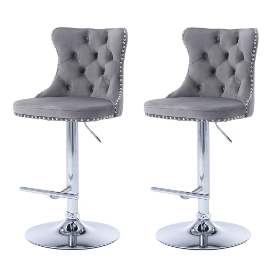 2x Height Adjustable Swivel Bar Stool Velvet Stud Barstool with Footrest and Chromed Base- Gray