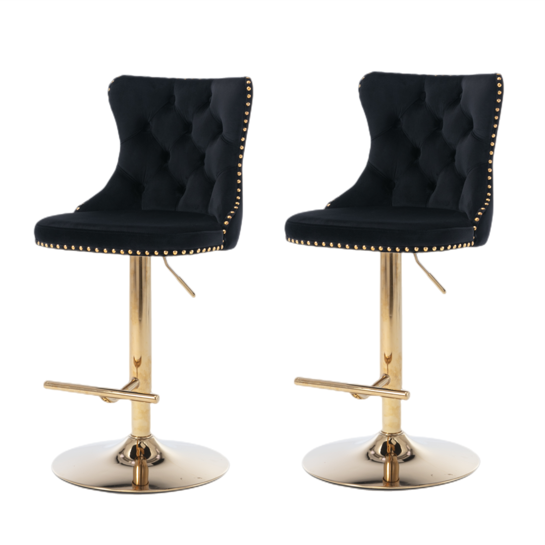 2x Height Adjustable Swivel Bar Stool Velvet Studs Barstool with Footrest and Golden Base- Black