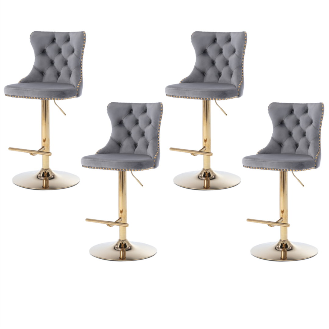 4x Height Adjustable Swivel Bar Stool Velvet Studs Barstool with Footrest and Golden Base- Grey