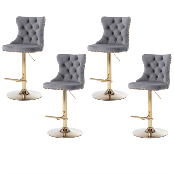 4x Height Adjustable Swivel Bar Stool Velvet Studs Barstool with Footrest and Golden Base- Grey