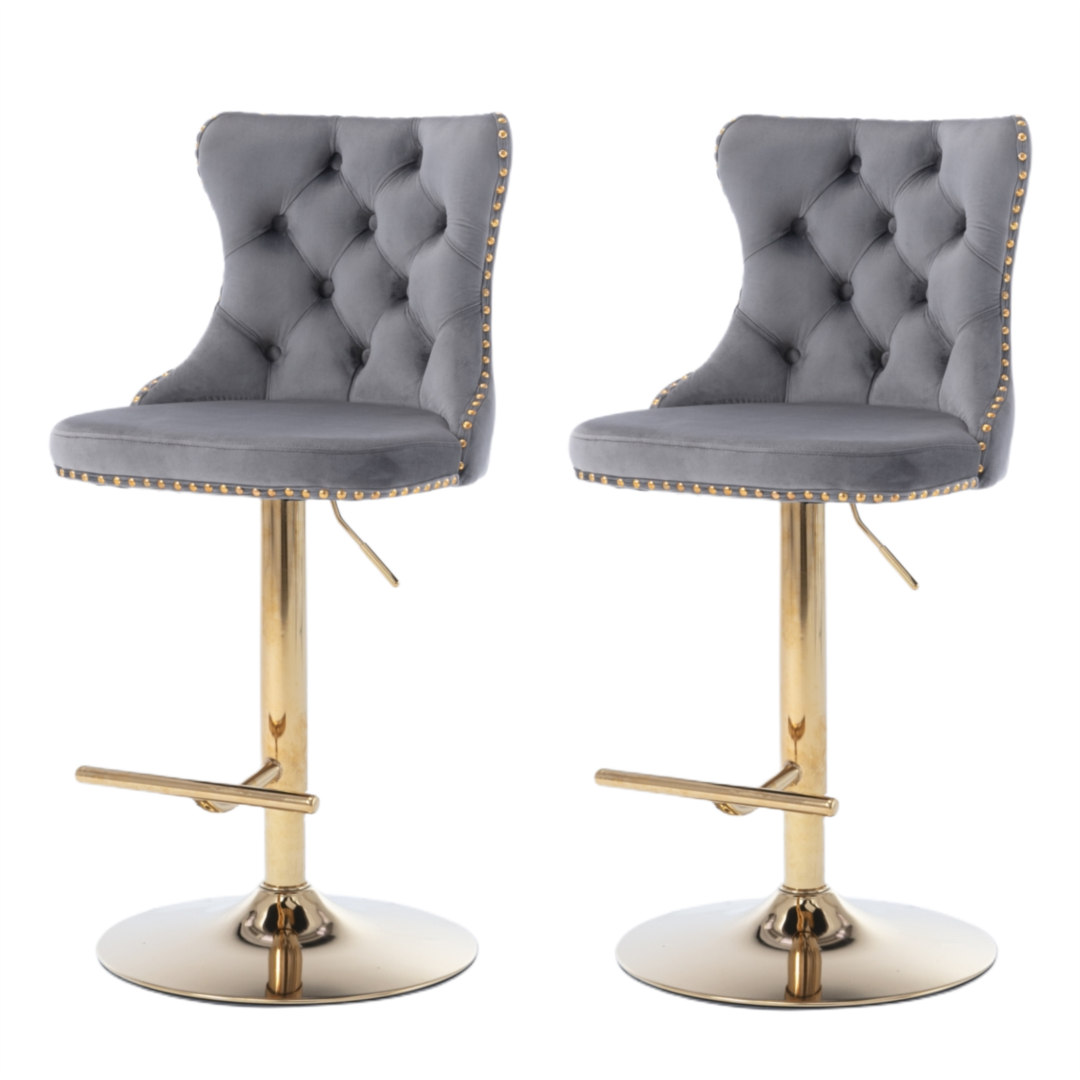 2x Height Adjustable Swivel Bar Stool Velvet Studs Barstool with Footrest and Golden Base- Grey