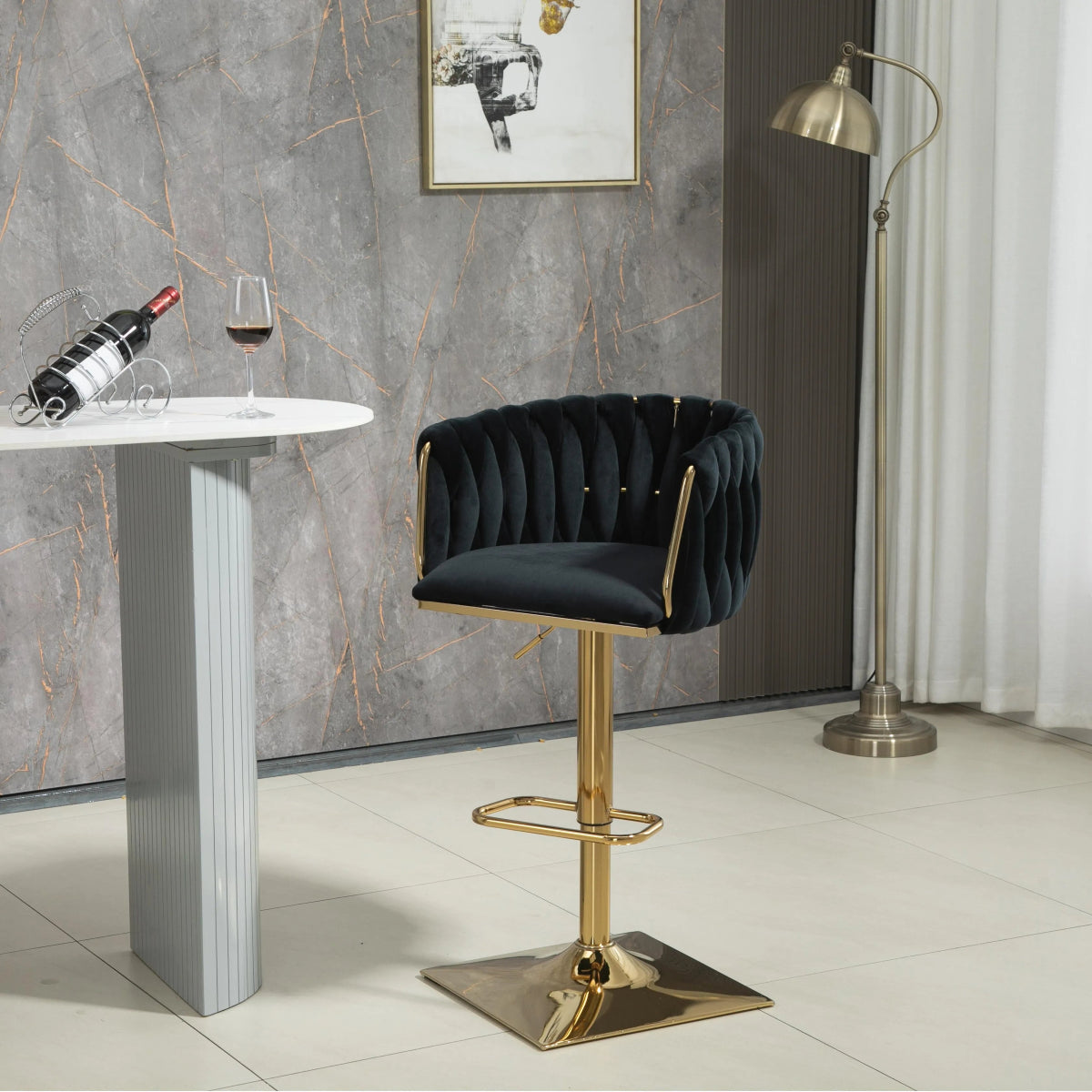 SERENITà Modern Velvet Breakfast Bar Stools Swivel Barstools Adjustable Counter Stools with Backrest Set of 2 Black
