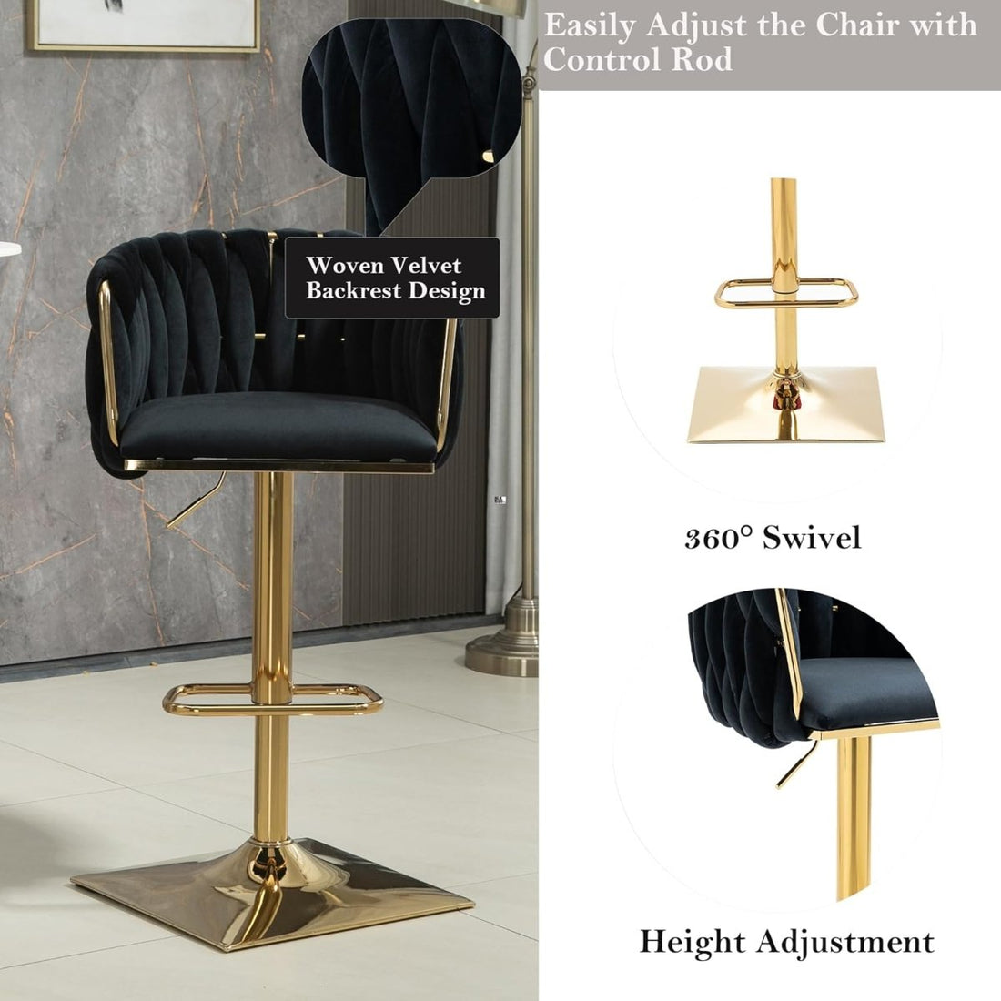 SERENITà Modern Velvet Breakfast Bar Stools Swivel Barstools Adjustable Counter Stools with Backrest Set of 2 Black