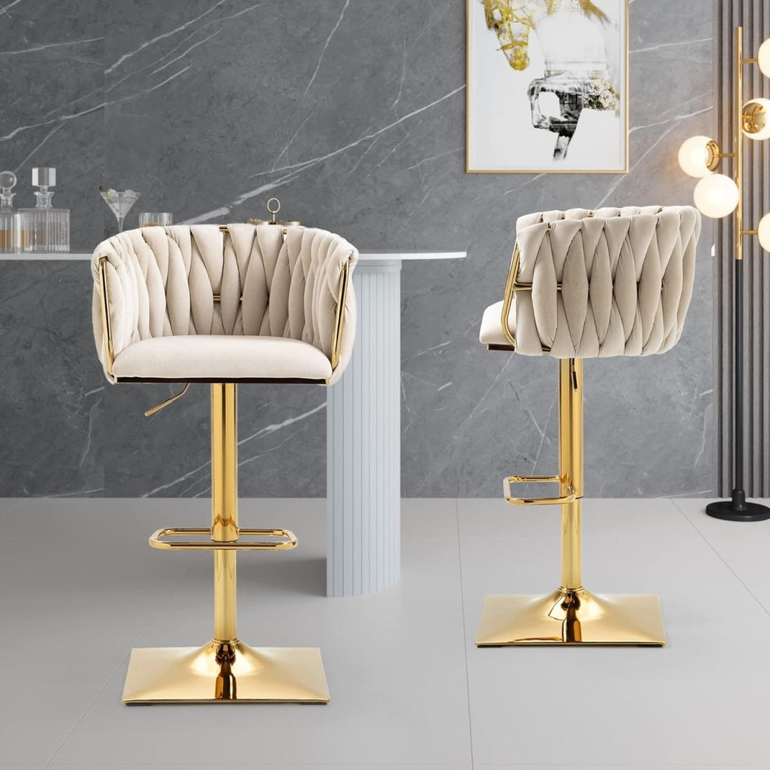 SERENITà Modern Velvet Breakfast Bar Stools Swivel Barstools Adjustable Counter Stools with Backrest Set of 2 iVORY