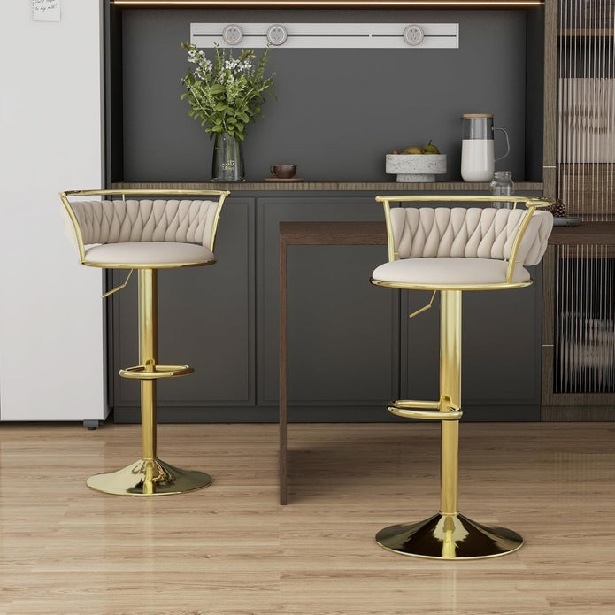 SERENITà Golden Swivel Upholstered Velvet Adjustable Height Counter Stool with Metal Frame Ivory (Set of 2)