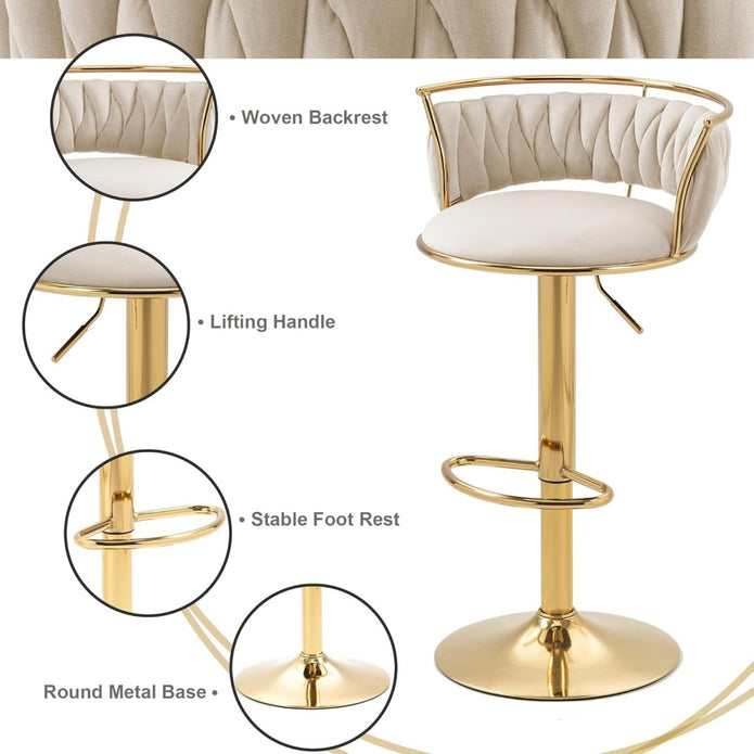 SERENITà Golden Swivel Upholstered Velvet Adjustable Height Counter Stool with Metal Frame Ivory (Set of 2)