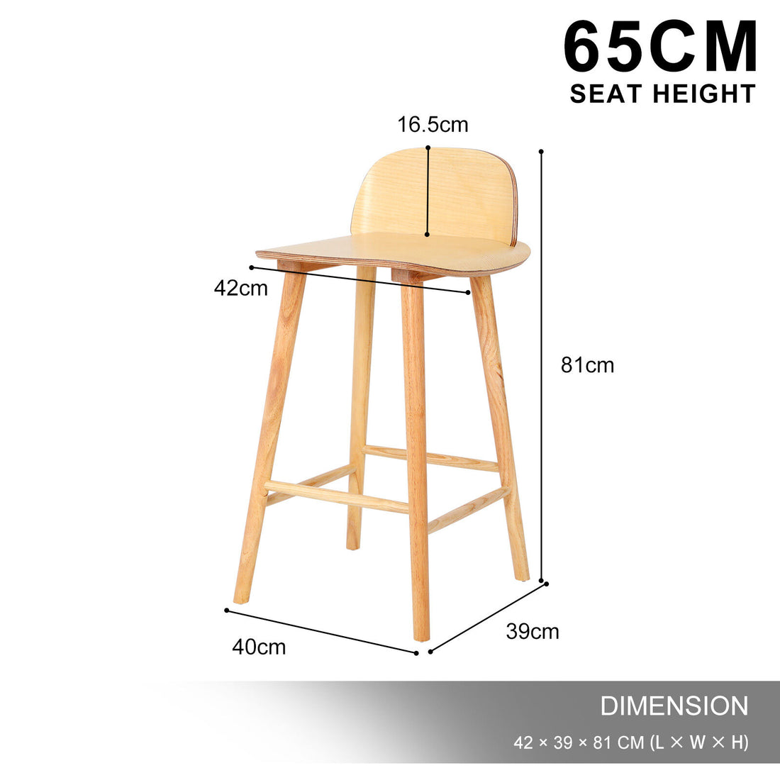 Wooden Bar Stool Dining Chair Ash Wood ELISE 65cm