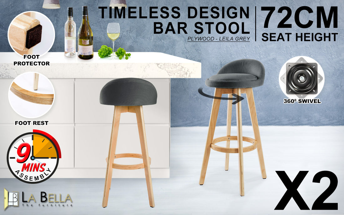 2X Wooden Bar Stool LEILA 72cm GREY