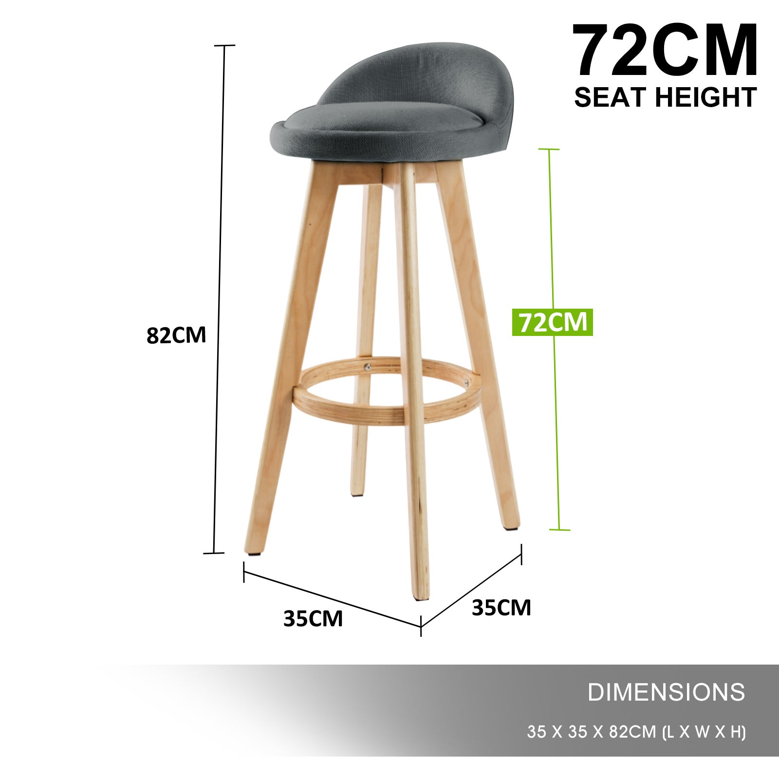 2X Wooden Bar Stool LEILA 72cm GREY