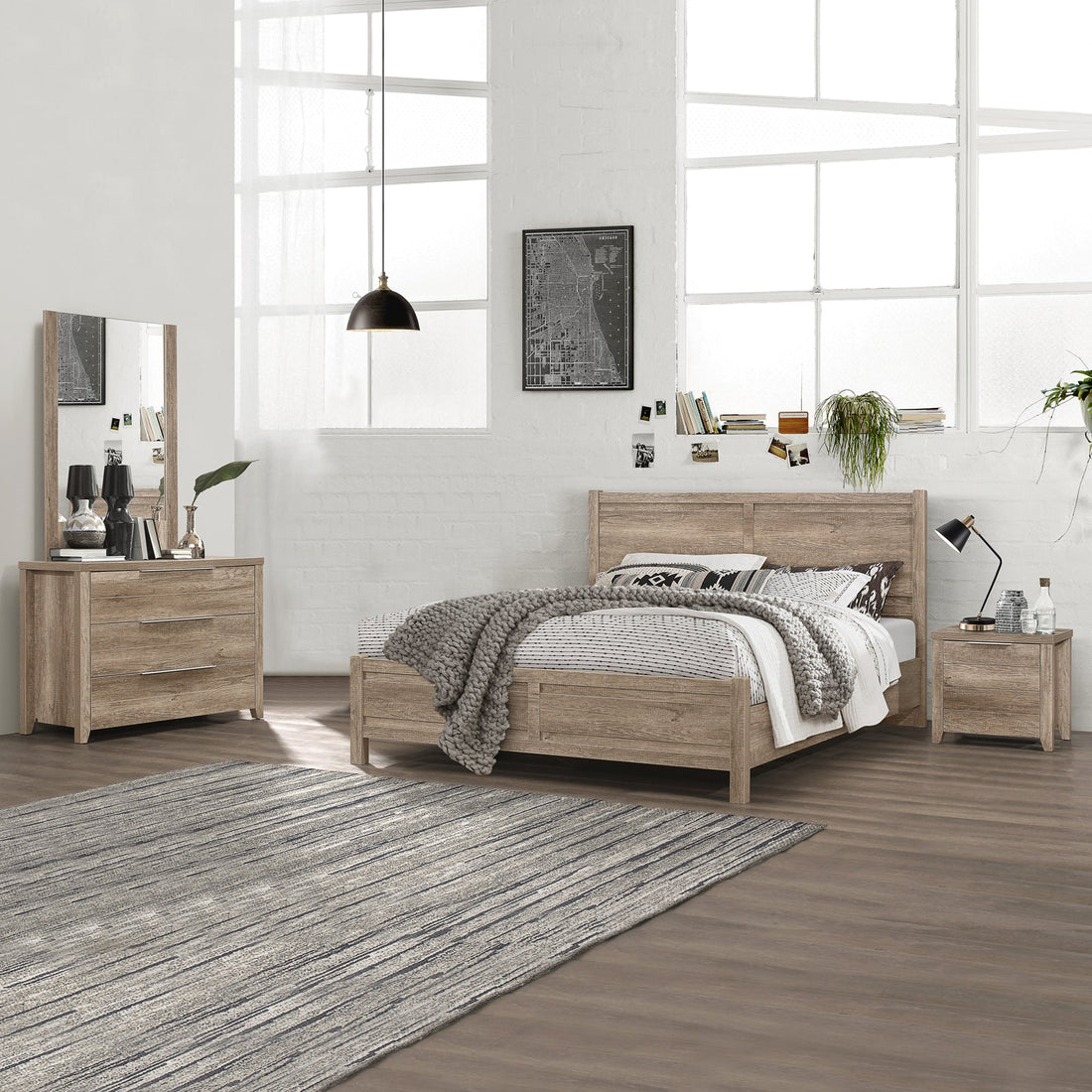 5 Pieces Bedroom Suite Natural Wood Like MDF Structure Double Size Oak Colour Bed, Bedside Table, Tallboy & Dresser