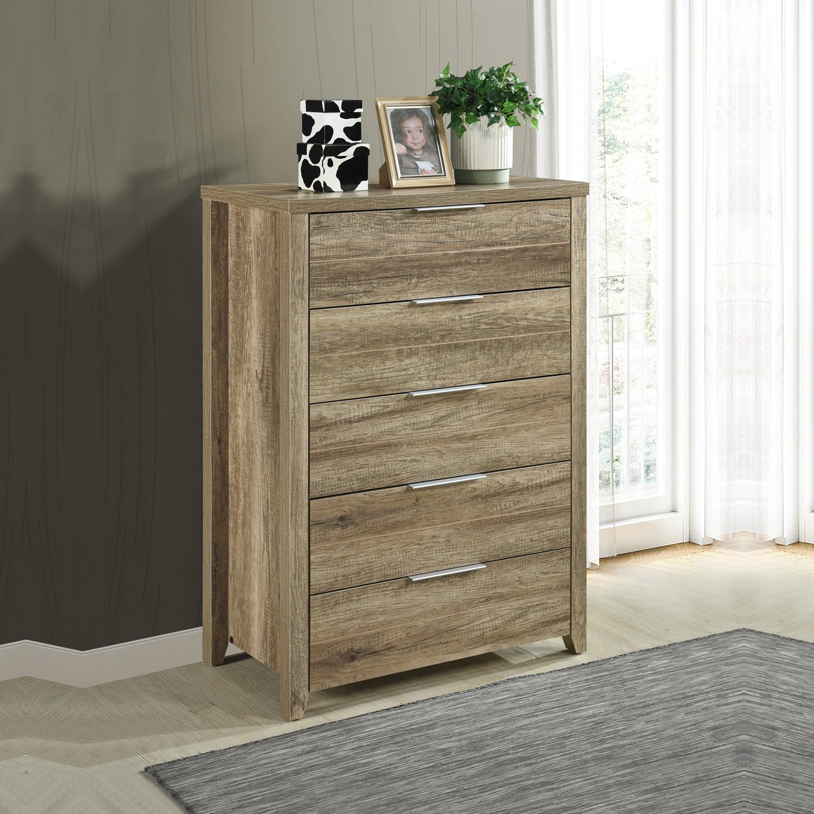 5 Pieces Bedroom Suite Natural Wood Like MDF Structure Queen Size Oak Colour Bed, Bedside Table, Tallboy & Dresser