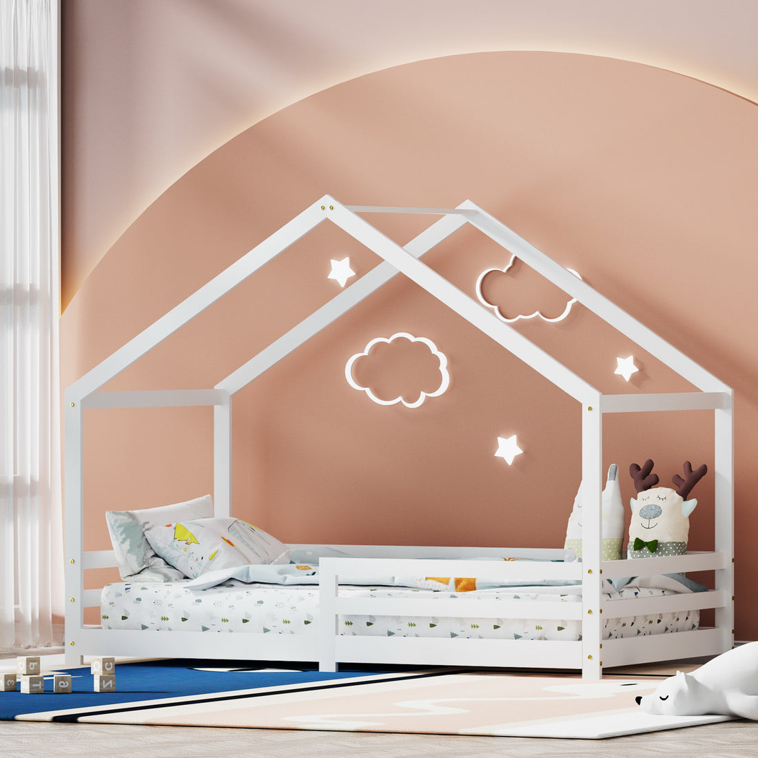 Korra Bed Frame Wooden Kids Single House Frame White AMOS