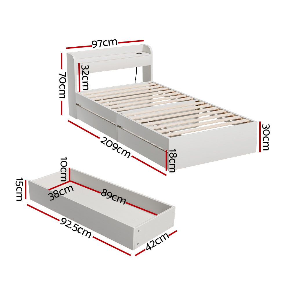 Korra Bed Frame Single Size Mattress Base wtih Charging Ports 2 Storage Drawers