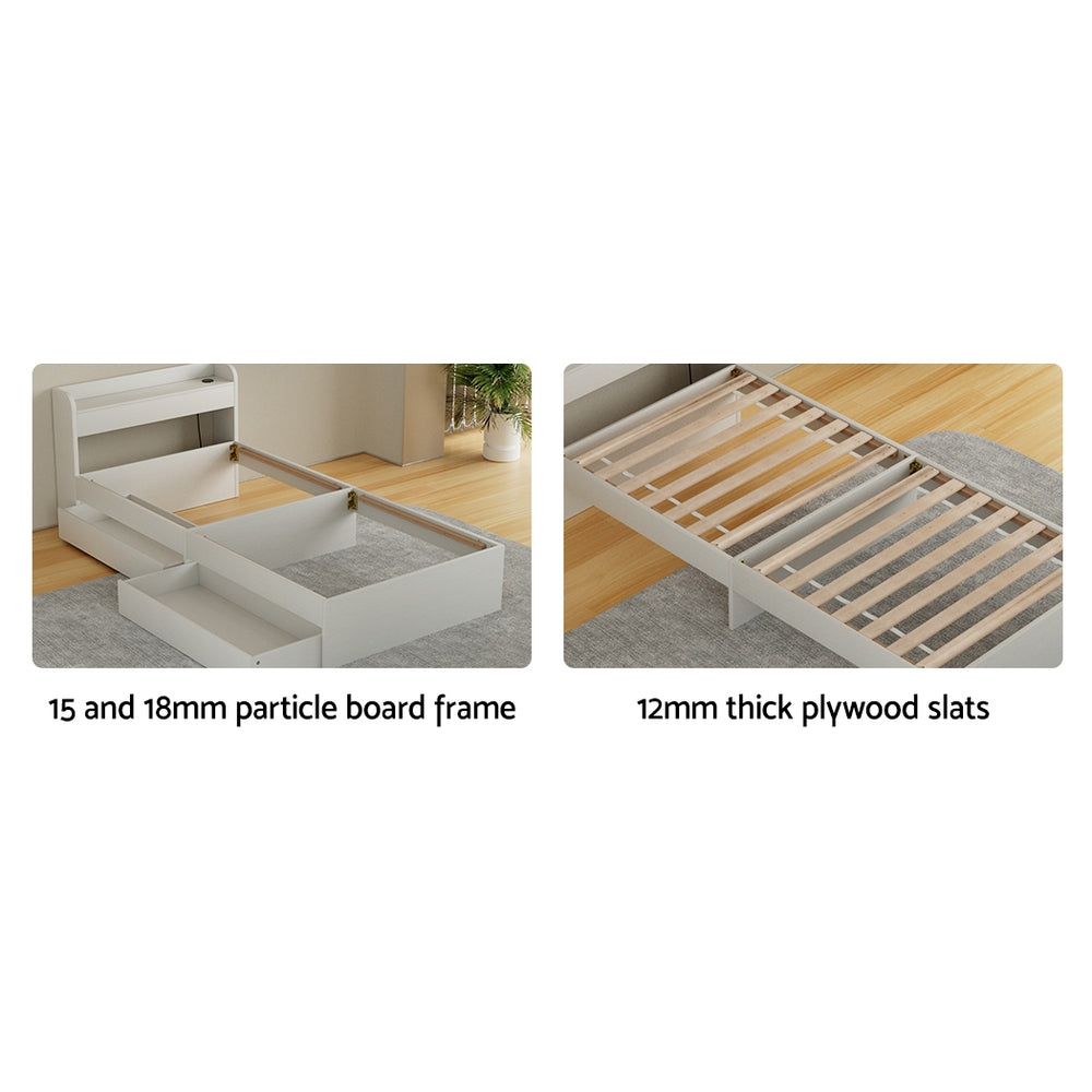 Korra Bed Frame Single Size Mattress Base wtih Charging Ports 2 Storage Drawers