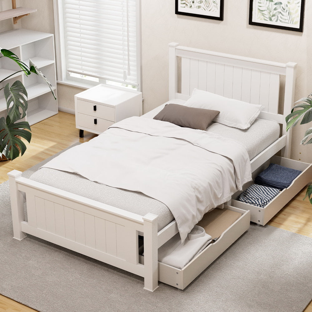 Korra Bed Frame King Single Size Wooden Platform with 2 Storage Drawers White RIO