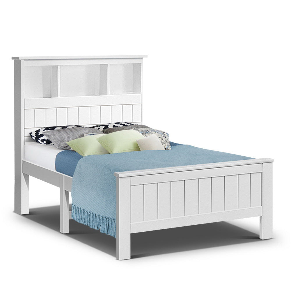 Korra Bed Frame King Single Size Wooden with 3 Shelves Bed Head White