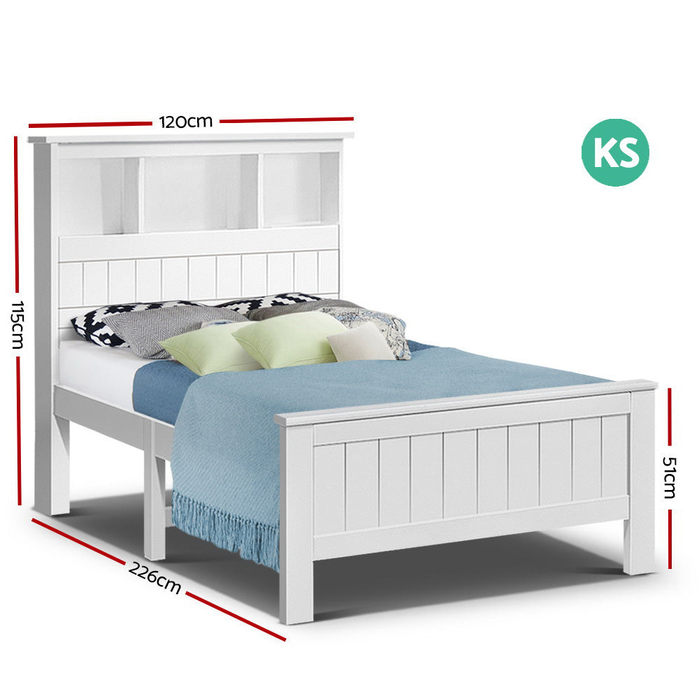 Korra Bed Frame King Single Size Wooden with 3 Shelves Bed Head White
