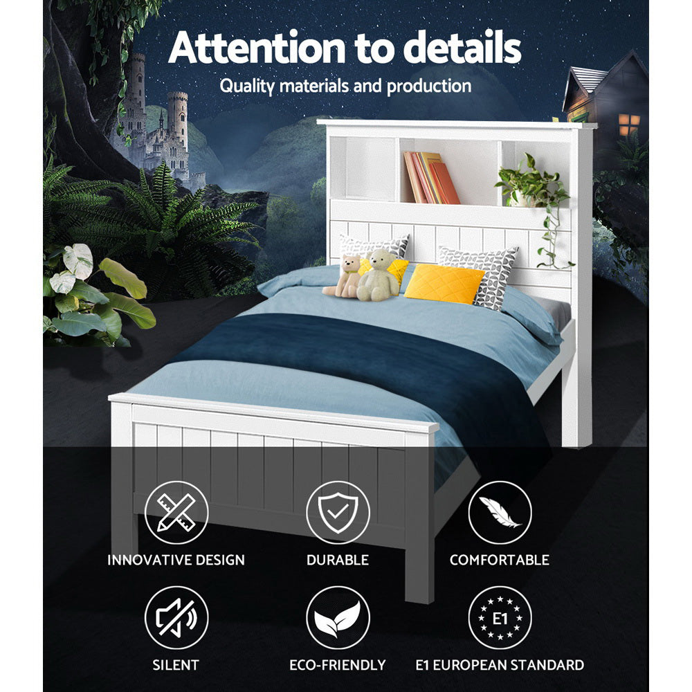 Korra Bed Frame King Single Size Wooden with 3 Shelves Bed Head White