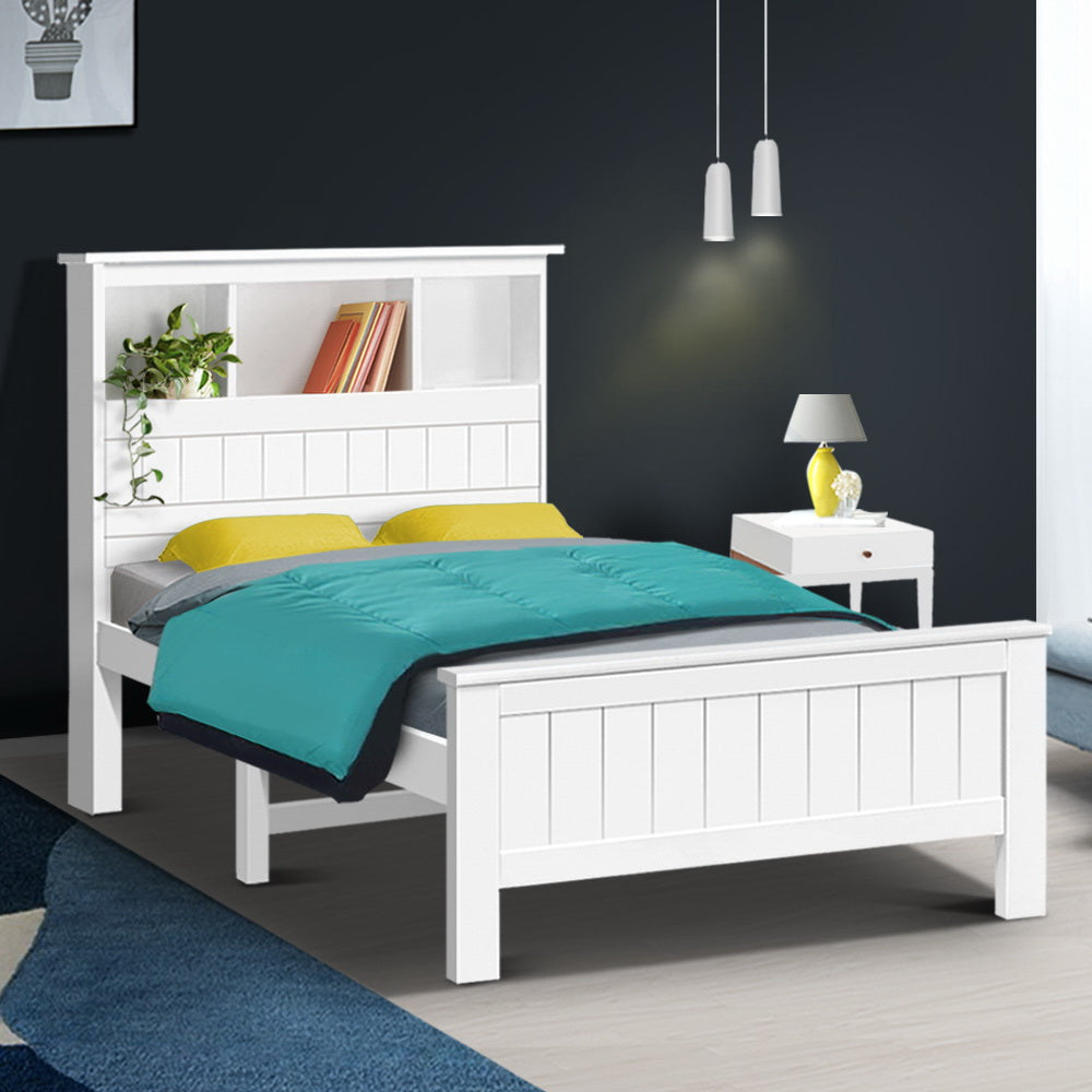 Korra Bed Frame King Single Size Wooden with 3 Shelves Bed Head White