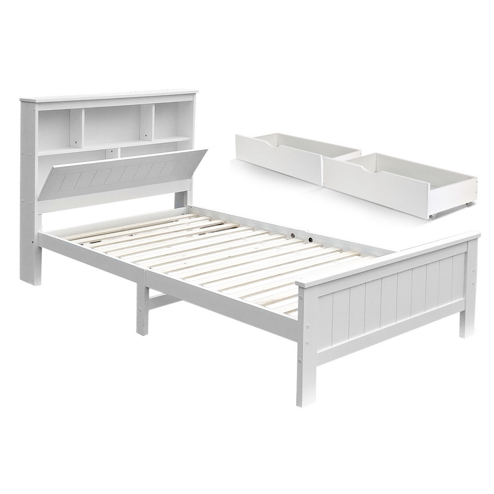 Korra Bed Frame King Single Size Wooden with 2 Storage Drawers White
