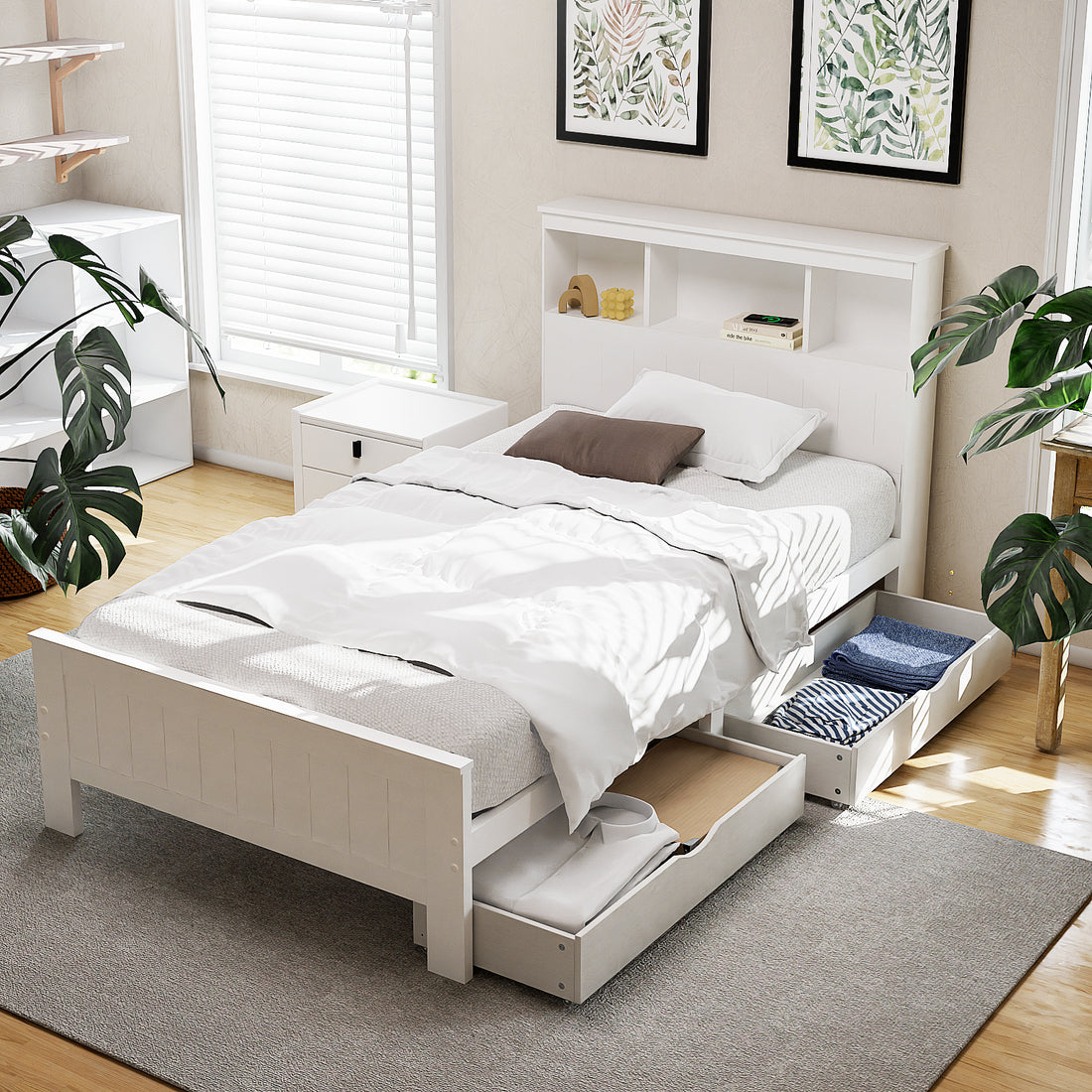 Korra Bed Frame King Single Size Wooden with 2 Storage Drawers White