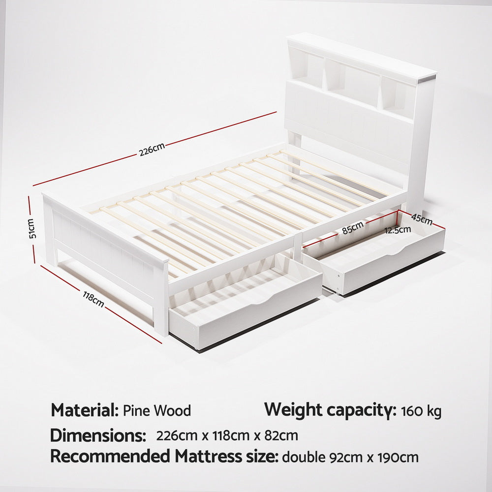 Korra Bed Frame King Single Size Wooden with 2 Storage Drawers White