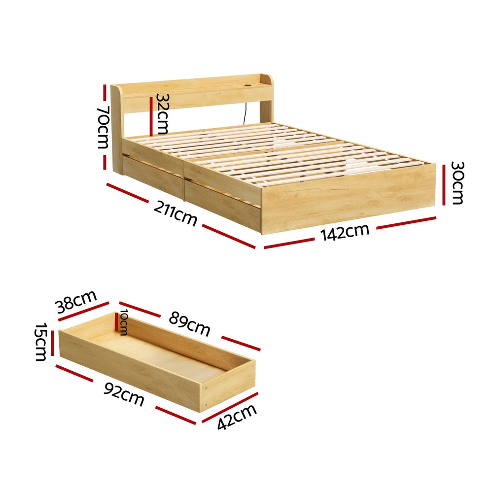 Korra Bed Frame Double Size with Charging Ports and 2 Drawers AURA