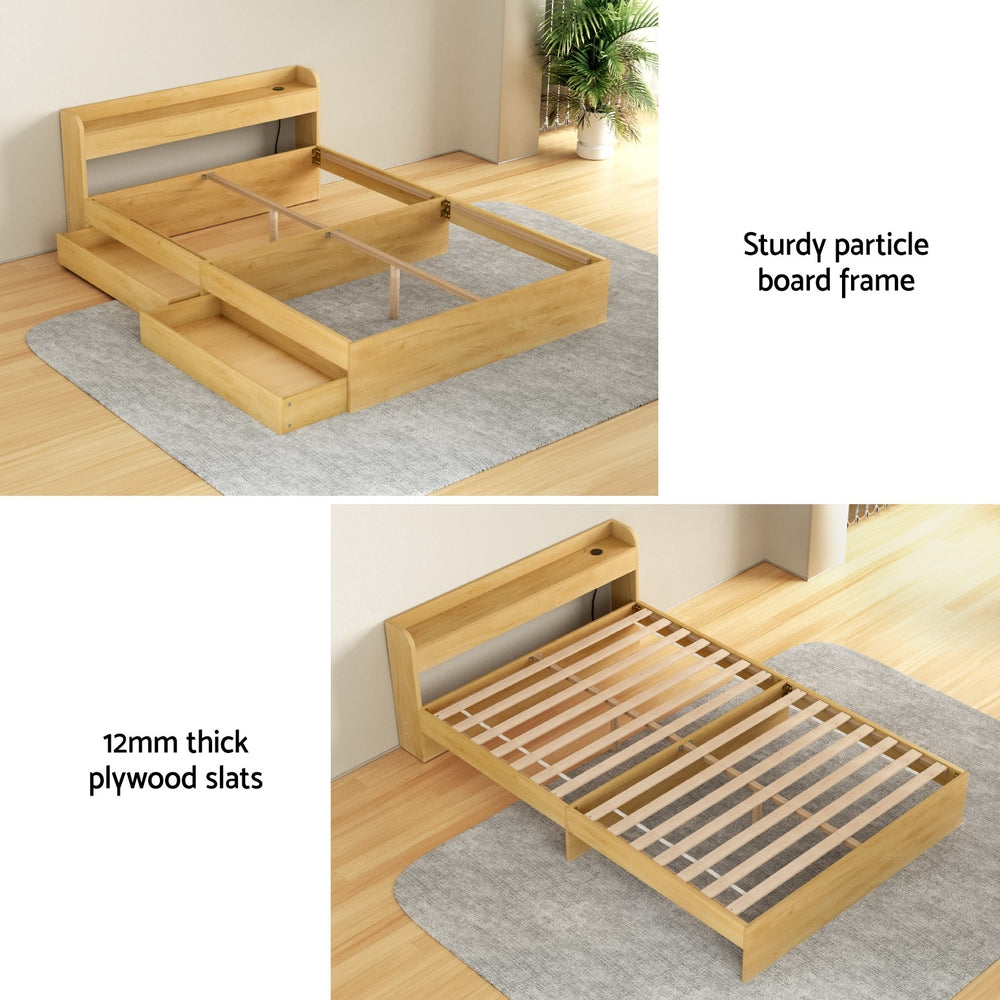 Korra Bed Frame Double Size with Charging Ports and 2 Drawers AURA
