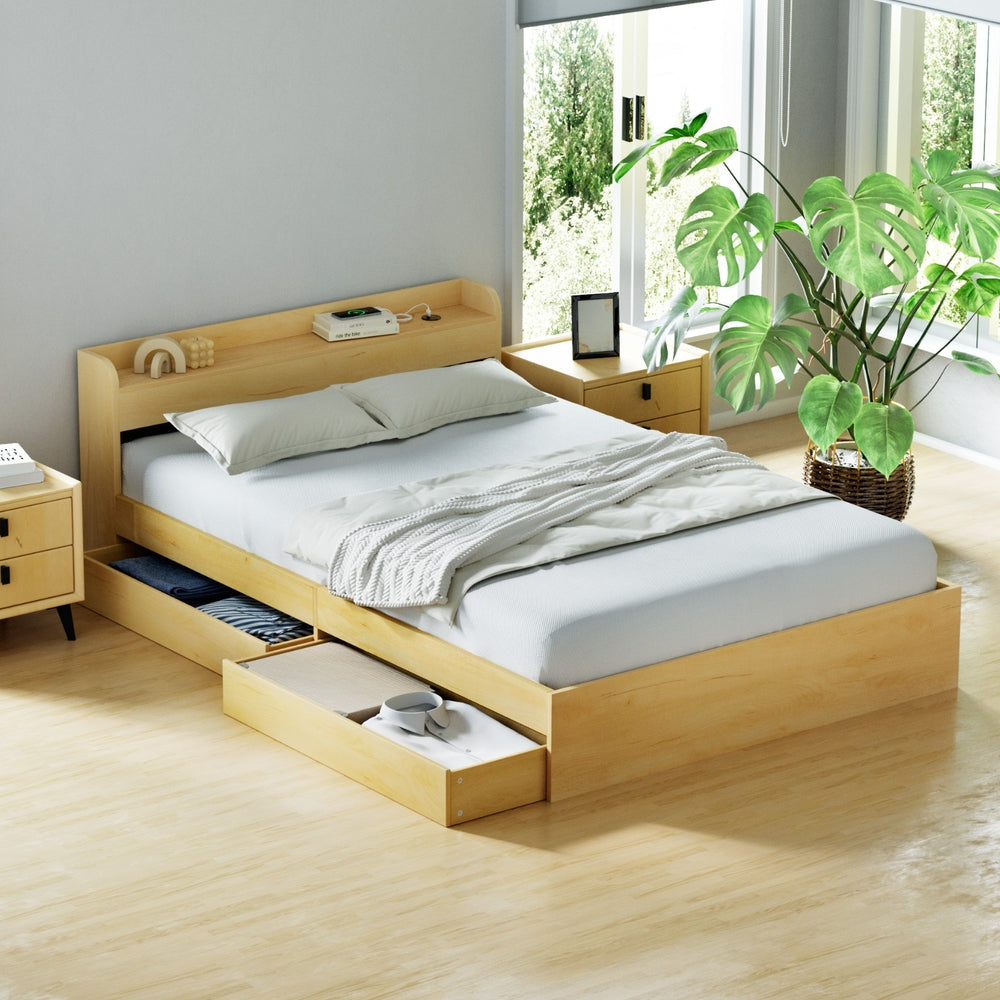 Korra Bed Frame Double Size with Charging Ports and 2 Drawers AURA