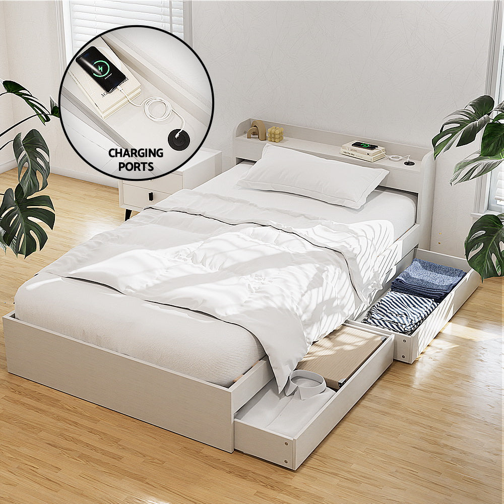 Korra Bed Frame Single Size with Charging Ports and 2 Drawers AURA